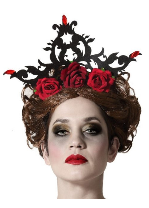 Diadema Negra con Flores Granates y Gemas