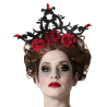 Diadema Negra con Flores Granates y Gemas