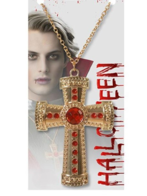 Collar Cruz Dorada y Roja - Complementos Disfraces Halloween