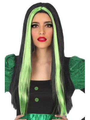 Peluca Melena Larga Negra Mechas Verdes