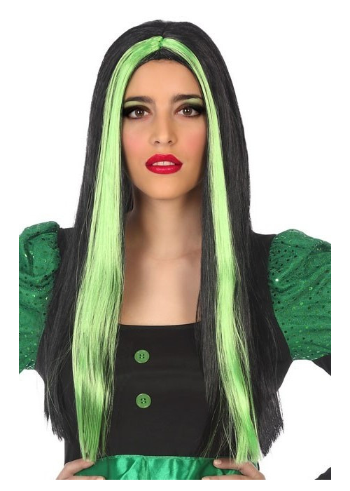 Peluca Melena Larga Negra Mechas Verdes