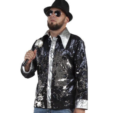 Camisa Disco Negra y plata Lentejuelas Hombre - Disfraces de Disco para Hombre