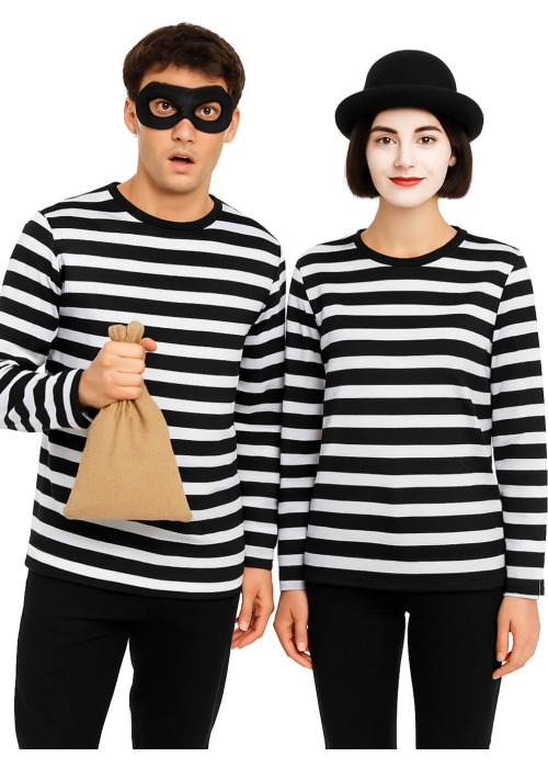 Camiseta De Rayas Negra Y Blanca Adulto - Disfraces Ladron y mimo