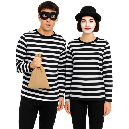 Camiseta De Rayas Negra Y Blanca Adulto - Disfraces Ladron, mimo y Familia Addams
