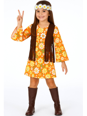 Disfraz De Hippie Naranja Niña - Disfraces años 60-70 Hippies