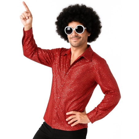 Camisa Disco Roja Terciopelo Y Destellos Hombre - Disfraces de Disco para Hombre