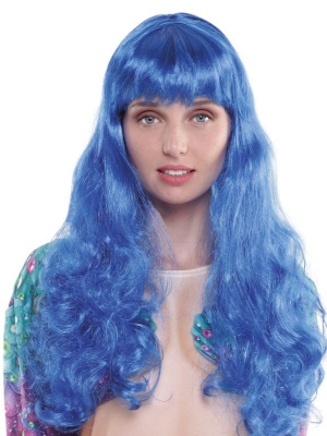 Peluca Melena Larga Azul Ondulada con Flequillo - Complementos para Disfraces