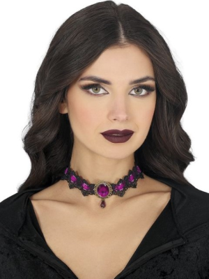 Gargantilla Bordada Lila y Negra con Piedra - Complementos Disfraces Halloween - Accesorios Halloween