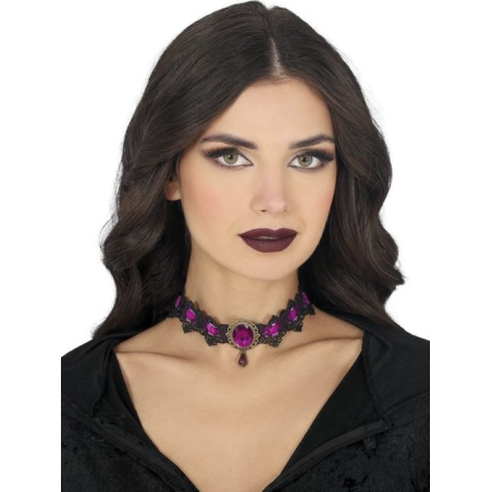 Gargantilla Bordada Lila y Negra con Piedra - Complementos Disfraces Halloween - Accesorios Halloween