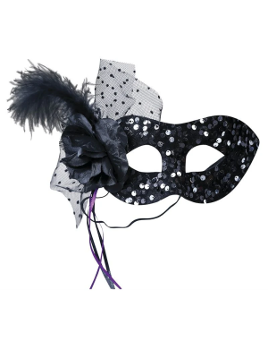 Antifaz Con Flor Negro de Lentejuelas - Mascaras y Antifaces
