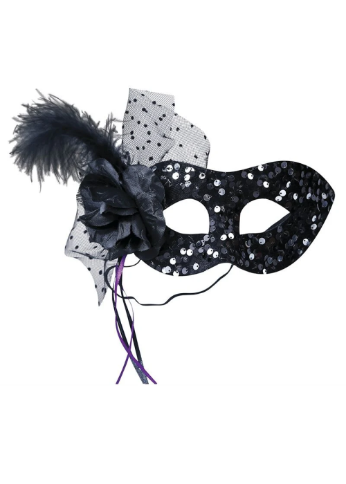 Antifaz Con Flor Negro de Lentejuelas - Mascaras y Antifaces