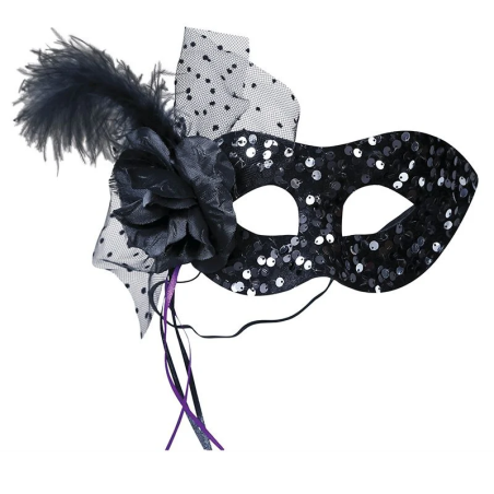 Antifaz Con Flor Negro de Lentejuelas - Mascaras y Antifaces