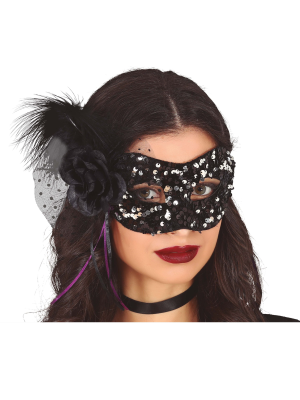 Antifaz Con Flor Negro de Lentejuelas - Mascaras y Antifaces