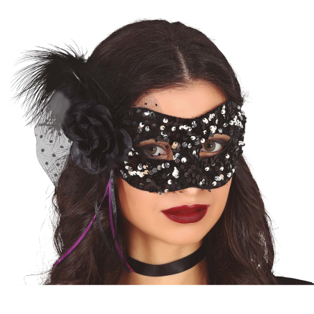 Antifaz Con Flor Negro de Lentejuelas - Mascaras y Antifaces