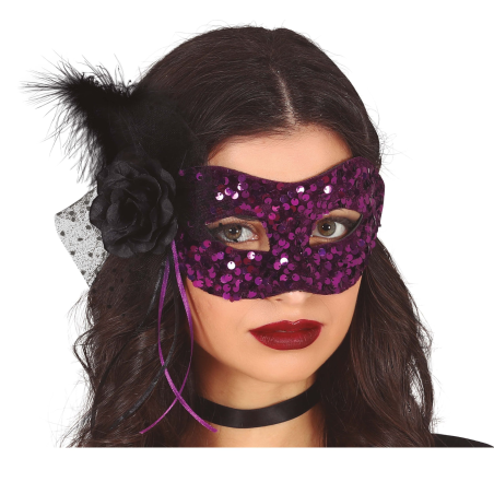 Antifaz Con Flor Morado de Lentejuelas - Mascaras y Antifaces