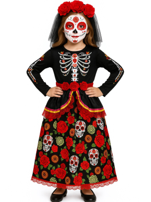 Disfraz De Catrina Largo Niña - Disfraces de Esqueletos y Calaveras