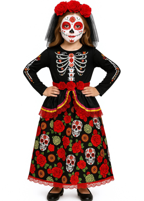Disfraz De Catrina Rojo Largo Infantil