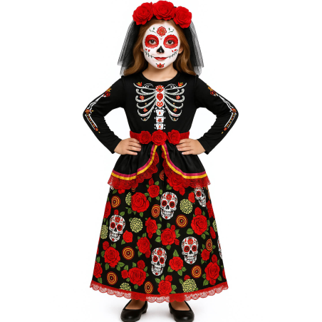 Disfraz De Catrina Rojo Largo Infantil