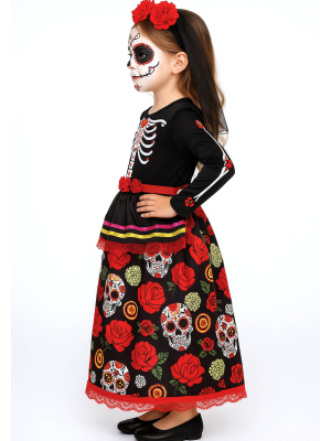 Disfraz De Catrina Largo Niña - Disfraces de Esqueletos y Calaveras