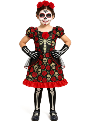 Disfraz De Catrina Rosa Largo Infantil