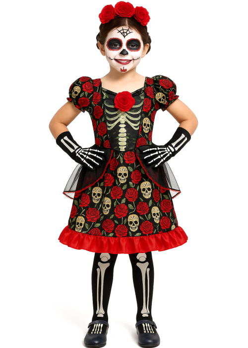 Disfraz De Catrina Rosa Largo Infantil