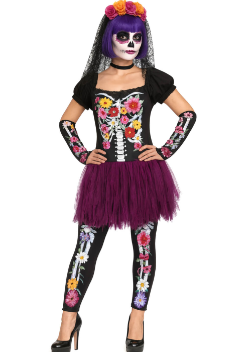 Disfraz de Catrina Lila Flores para Mujer - Disfraces Halloween Esqueletos - Disfraces de Esqueleto para Mujer