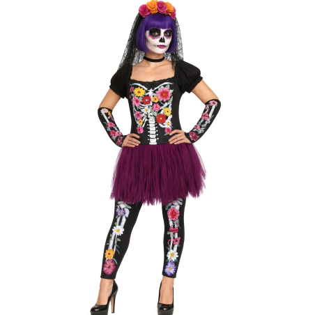Disfraz de Catrina Lila Flores para Mujer - Disfraces Halloween Esqueletos - Disfraces de Esqueleto para Mujer