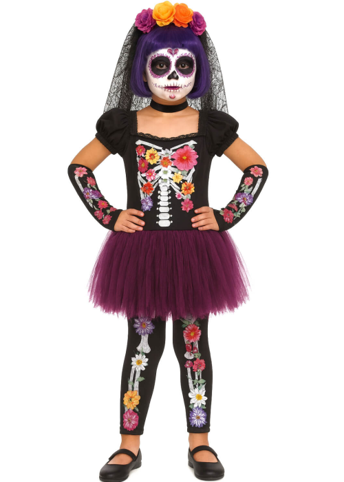 Disfraz De Catrina Tutu Flores Niña - Disfraces Esqueletos y Calaveras - Disfraces de Esqueleto para Niñas