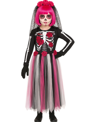 Disfraz De Catrina Rosa Largo Niña - Disfraces Esqueletos y Calaveras - Disfraces de Esqueleto para Niñas