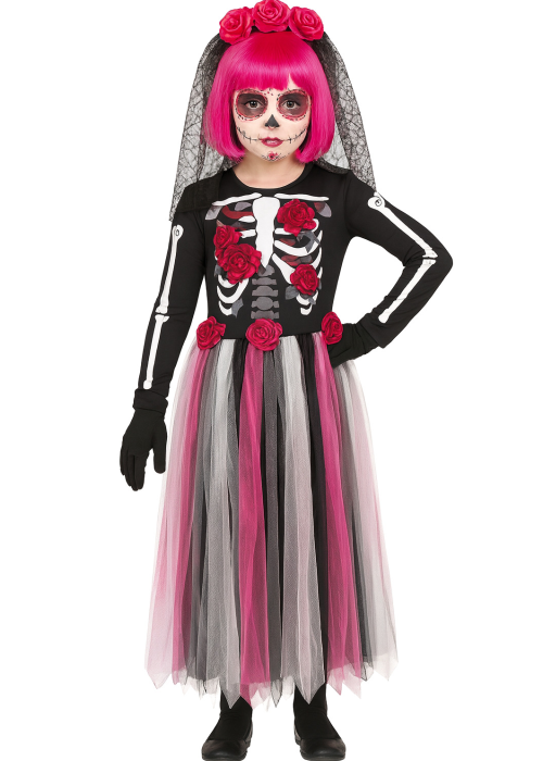 Disfraz De Catrina Rosa Largo Niña - Disfraces Esqueletos y Calaveras - Disfraces de Esqueleto para Niñas