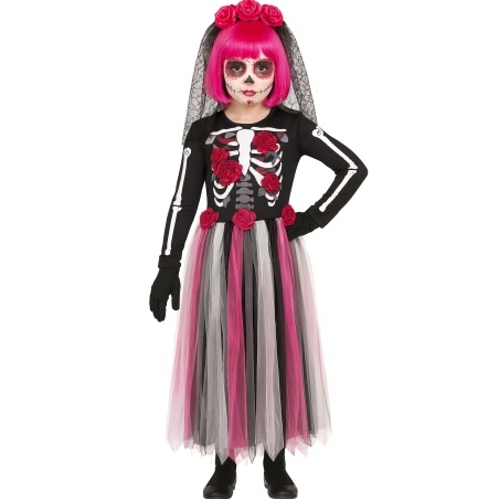 Disfraz De Catrina Rosa Largo Niña - Disfraces Esqueletos y Calaveras - Disfraces de Esqueleto para Niñas