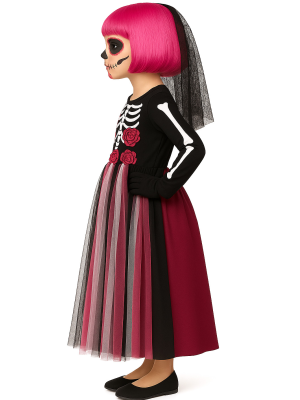 Disfraz De Catrina Rosa Largo Niña - Disfraces Esqueletos y Calaveras - Disfraces de Esqueleto para Niñas