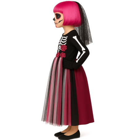 Disfraz De Catrina Rosa Largo Infantil