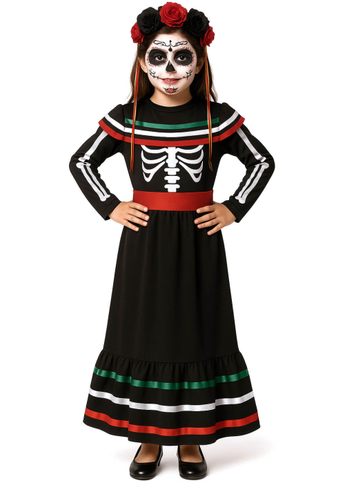 Disfraz de Catrina Vestido Largo Infantil - Disfraces Calaveras y Esqueletos