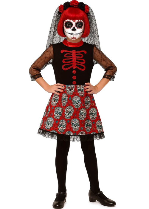 Disfraz De Catrina Roja niña - Disfraces Esqueletos y Calaveras
