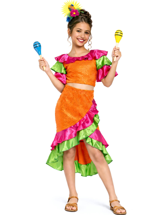 Disfraz De Rumbera Naranja niña - Disfraces de Cubanos - Disfraces de Rumberos para Niñas