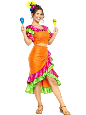 Disfraz De Rumbera Naranja Mujer  - Disfraces de Cubanos - DISFRACES ADULTOS