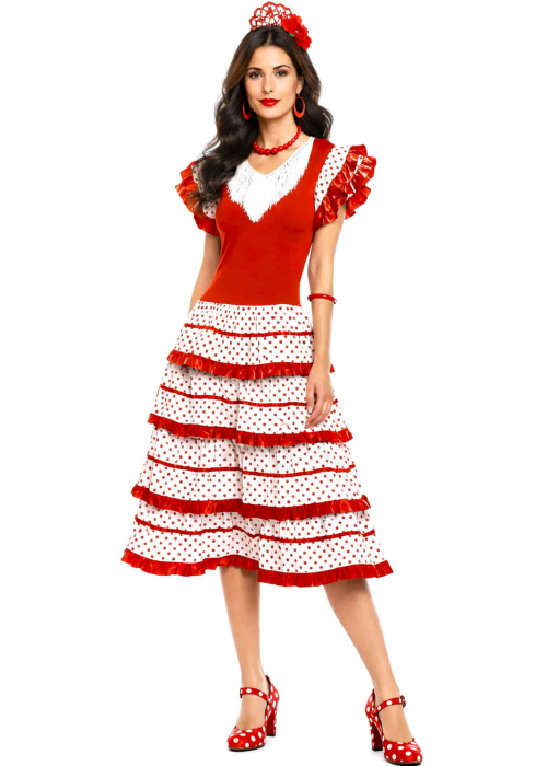 Disfraz De Sevillana Corto Rojo y Blanco - Disfraces Feria de Abril - Disfraces de Sevillana para Mujer