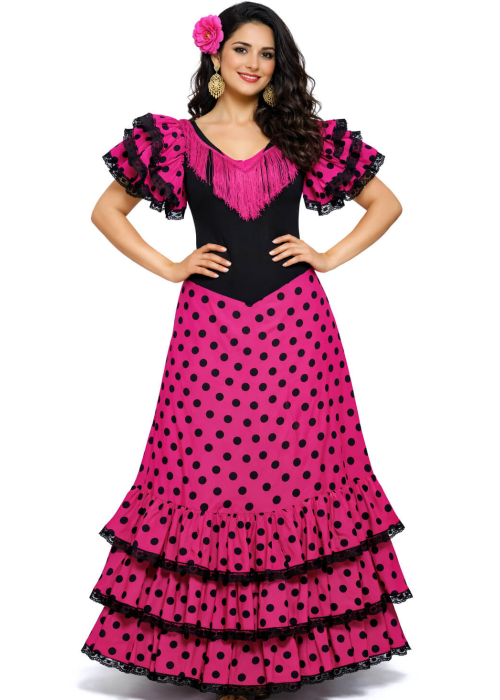 Disfraz De Sevillana Rosa Y Negro Largo - Disfraces Feria de Abril - Disfraces de Sevillana para Mujer
