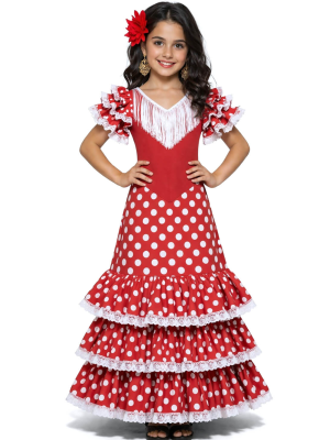 Disfraz De Sevillana Rojo Y Blanco Niña - Disfraces Feria de Abril - Disfraces de Sevillana para Niña