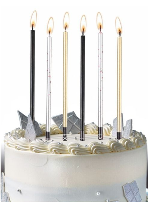 Velas Largas Negras, Plateadas y Doradas (6 Unidades) - Decoración de Cumpleaños - Velas