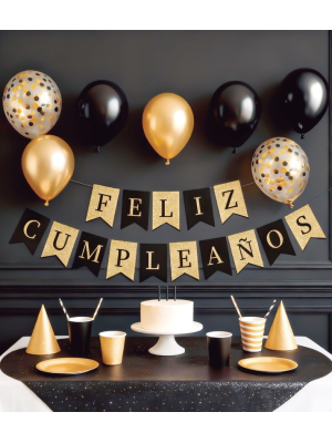 Guirnalda De Feliz Cumpleaños Negra Y Dorada con Globos - Decoración de Cumpleaños - Guirnaldas