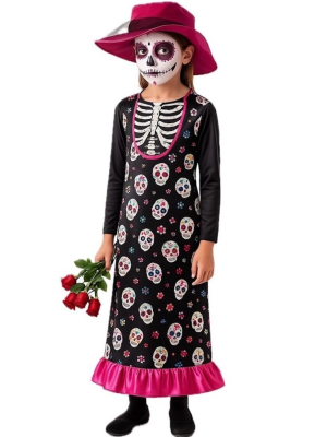 Disfraz De Catrina Largo Infantil - Disfraces Esqueletos y Catrinas - Disfraces de Esqueleto para Niñas