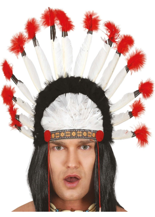 Penacho de Plumas Jefe Indio Blanco Y Rojo - Complementos de Indios - Complementos de Indios