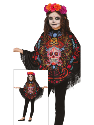 Disfraz de Catrina en Poncho para Niña - Disfraces Halloween Esqueletos - DISFRACES