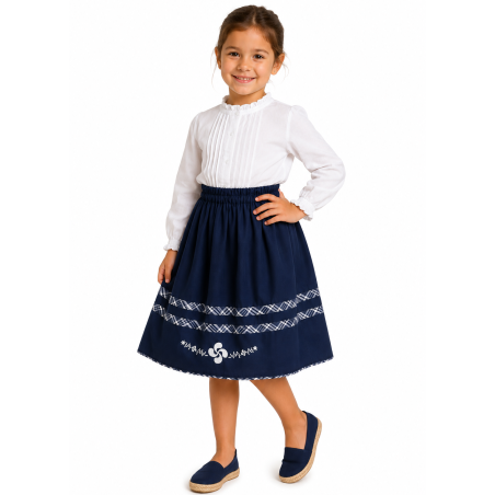 Falda Mahon Con Bies de Cuadros y detalle Bordado - Arrantzale Gona - Faldas Arrantzale Niña