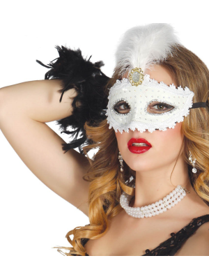 Antifaz con Pluma Blanco - Mascaras y Antifaces
