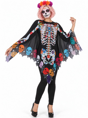 Disfraz de Catrina Poncho Calaveras para Mujer - Disfraces Halloween Esqueletos - Disfraces de Esqueleto para Mujer