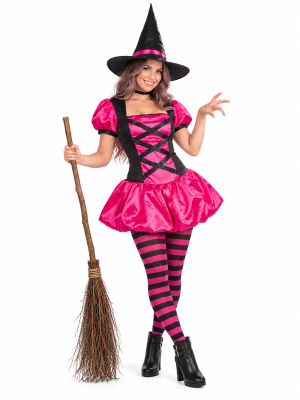 Disfraz De Bruja Rosa Corta Mujer - Disfraces de Brujas y Hechiceras - Disfraces de Brujas y Hechiceros para Mujer