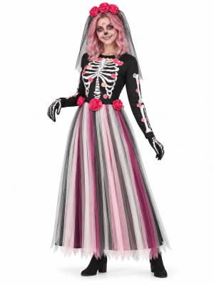 Disfraz de Catrina Largo Rosa para Mujer - Disfraces Halloween Esqueletos - Disfraces de Esqueleto para Mujer